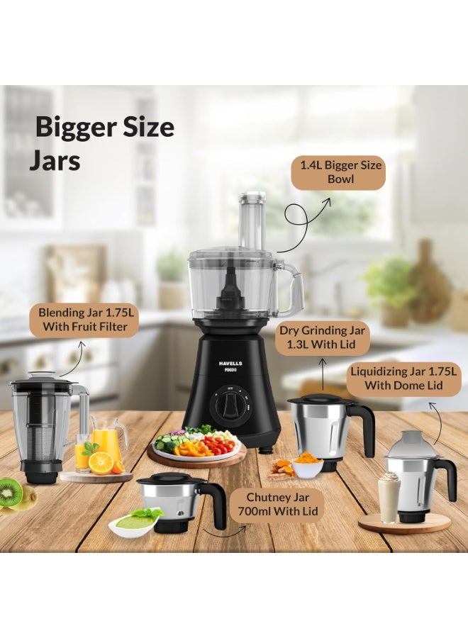 هافلز Havells Foodo 750 Watt Mixer Grinder with 5 Jars | Includes Food Processor Jar with Dual Pusher | 14-in-1 Functionality | Rust-Resistant 304 SS Blades | Storage Box | 5-Year Motor Warranty (Black) - Image 2